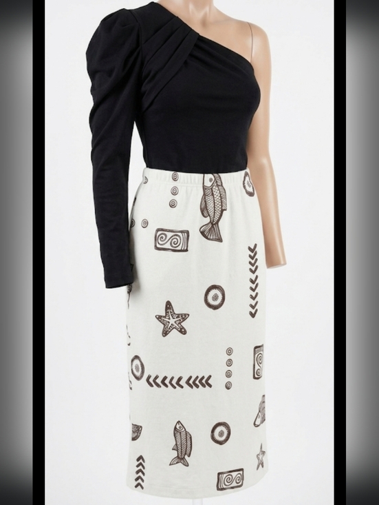 TCEC Tops - MCM 2 Piece Outfit Sz Small Assymetrical Black Bodysuit & Astec Print Midi Skirt